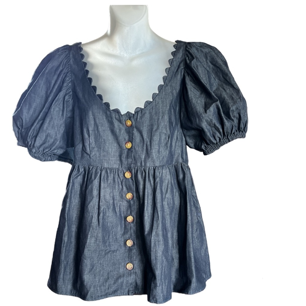 Kika Vargas x Target Women’s Dark Chambray Button Up Baby Doll Puff Sleeve Top M